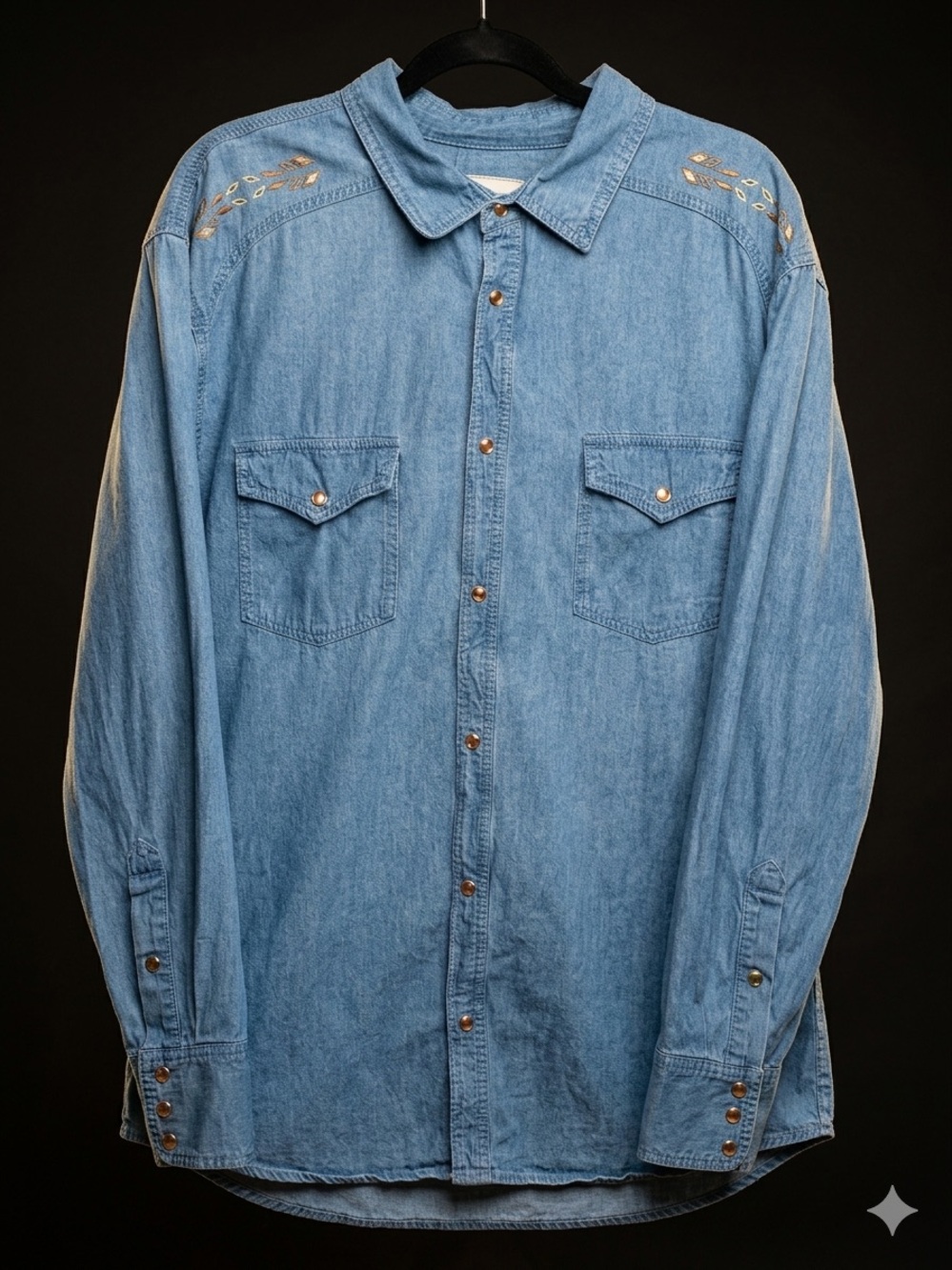 VTG Scandia Woods Embroidered Denim Western Shirt XL Blue Boho Coastal Cowgirl